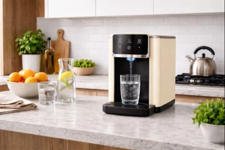 בר מים ביתי מודרני בצבע שמנת על משטח שיש במטבח