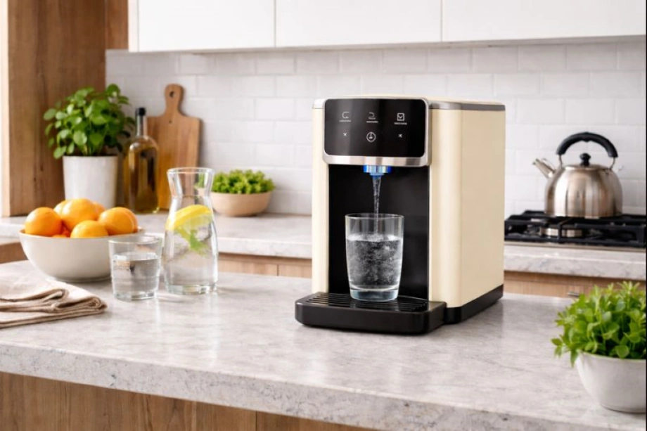 בר מים ביתי מודרני בצבע שמנת על משטח שיש במטבח