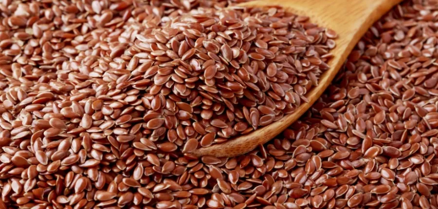 תמונה של תפזורת זרעי פשתן עם כף עץ מלאה בזרעים חומים